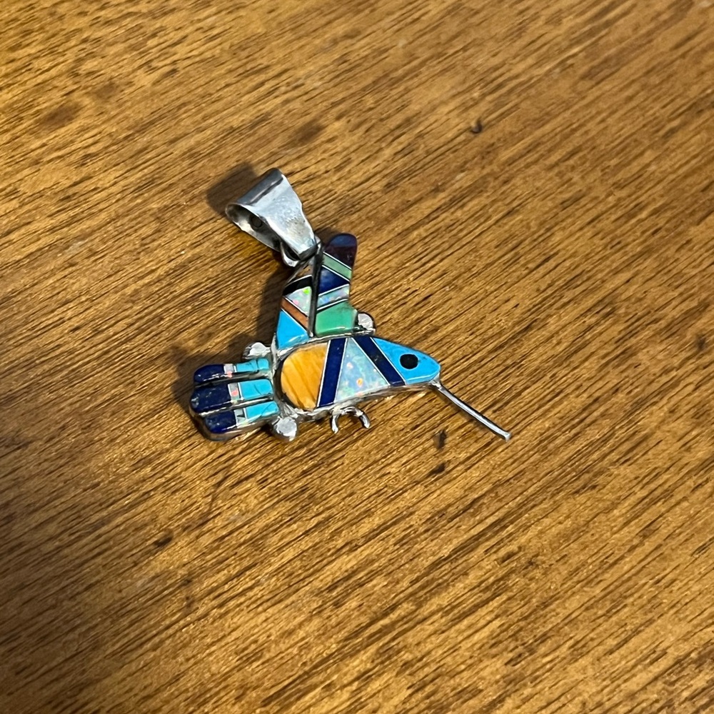 Sterling Silver Multicolor Reversible Hummingbird Inlay Pendant